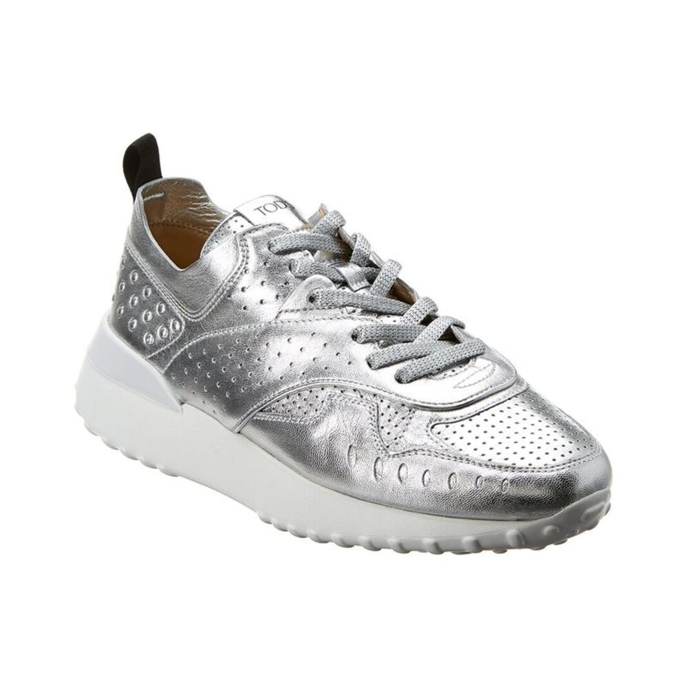 Tods Metallic Leather Sneaker, Grey